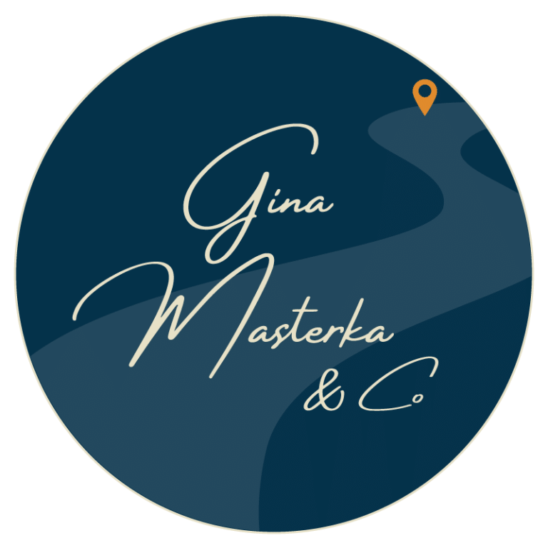 Dark blue circle with “Gina Masterka & Co” written in script, a winding path, and an orange location marker.